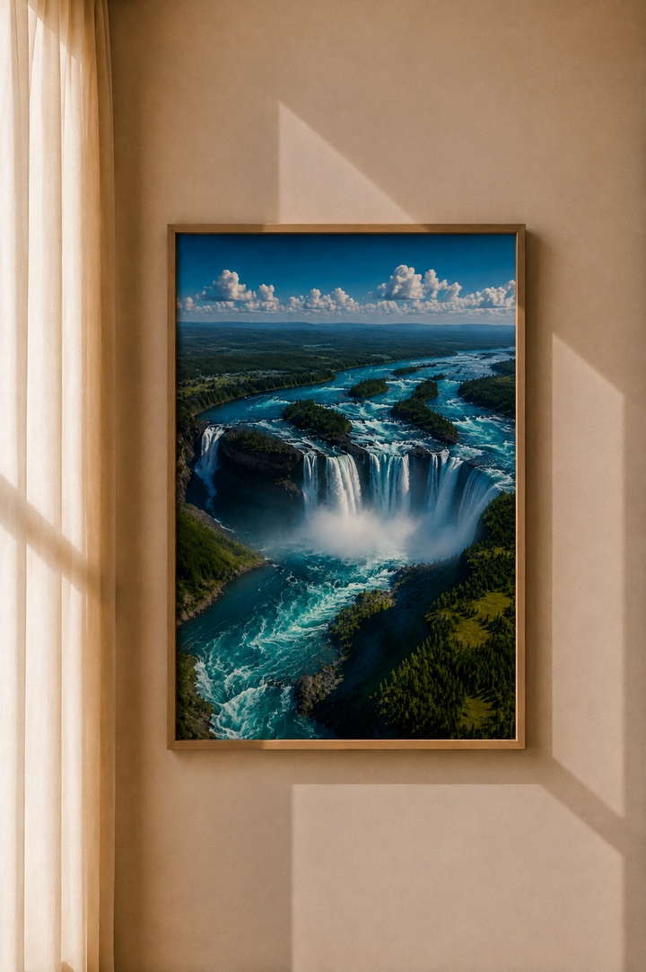 Blue Cascade Waterfall Art Print displayed as vivid nature wall art in a warm contemporary interior
