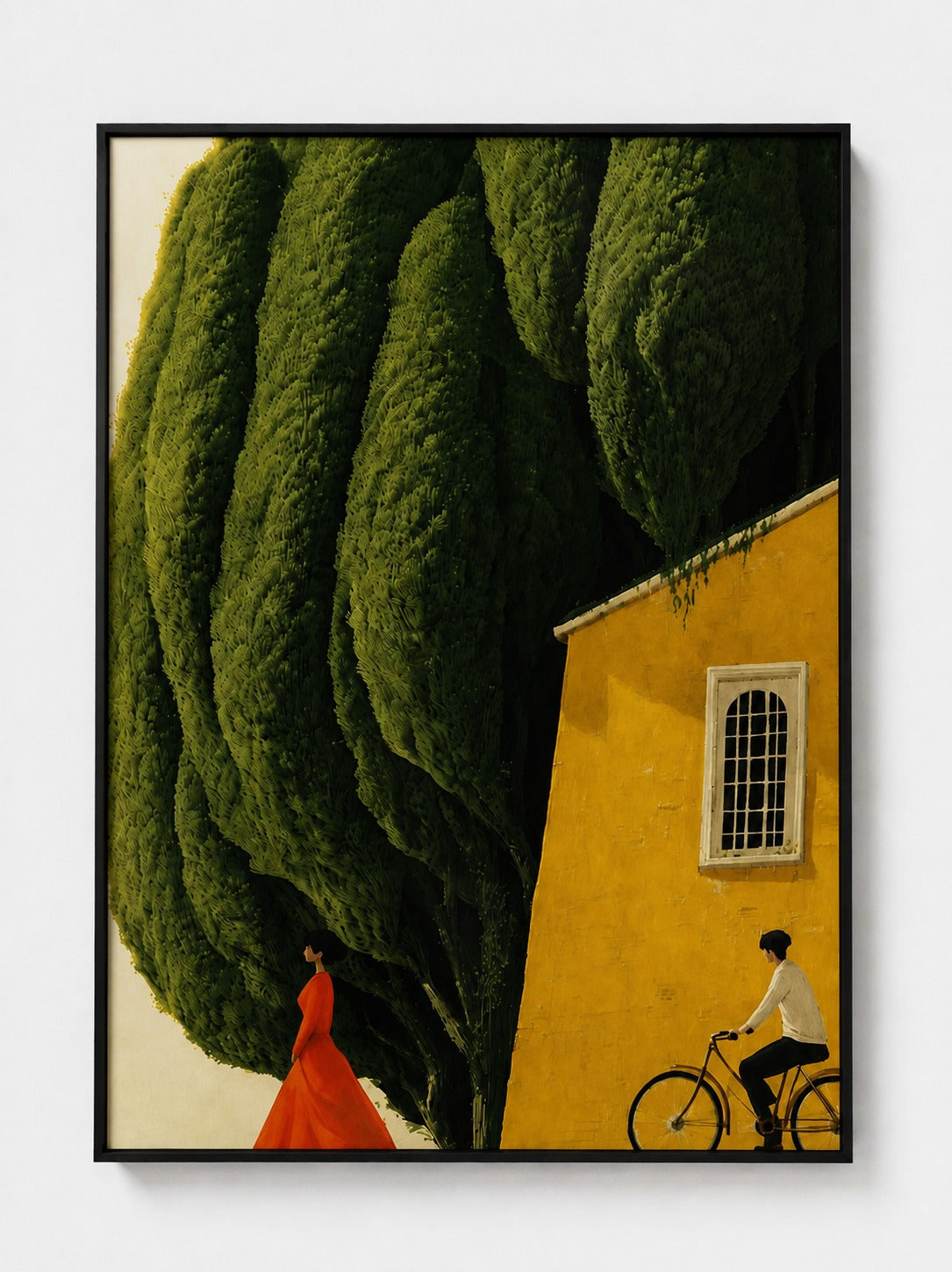 Framed poster print with green shrub trees and a yellow house beside a red figure and bicycle