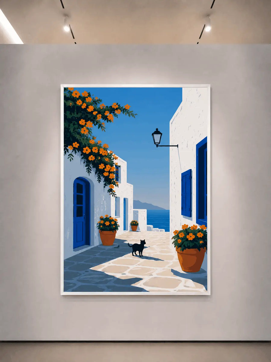 Framed wall print showing blue alley with orange flowers and black cat
