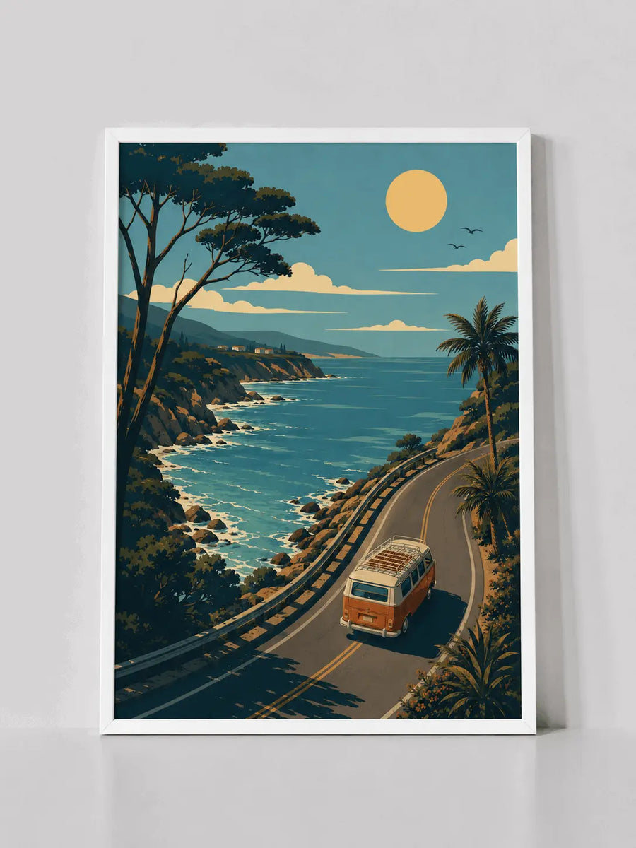 White-framed coastal landscape wall art with teal water, palms, and vintage van
