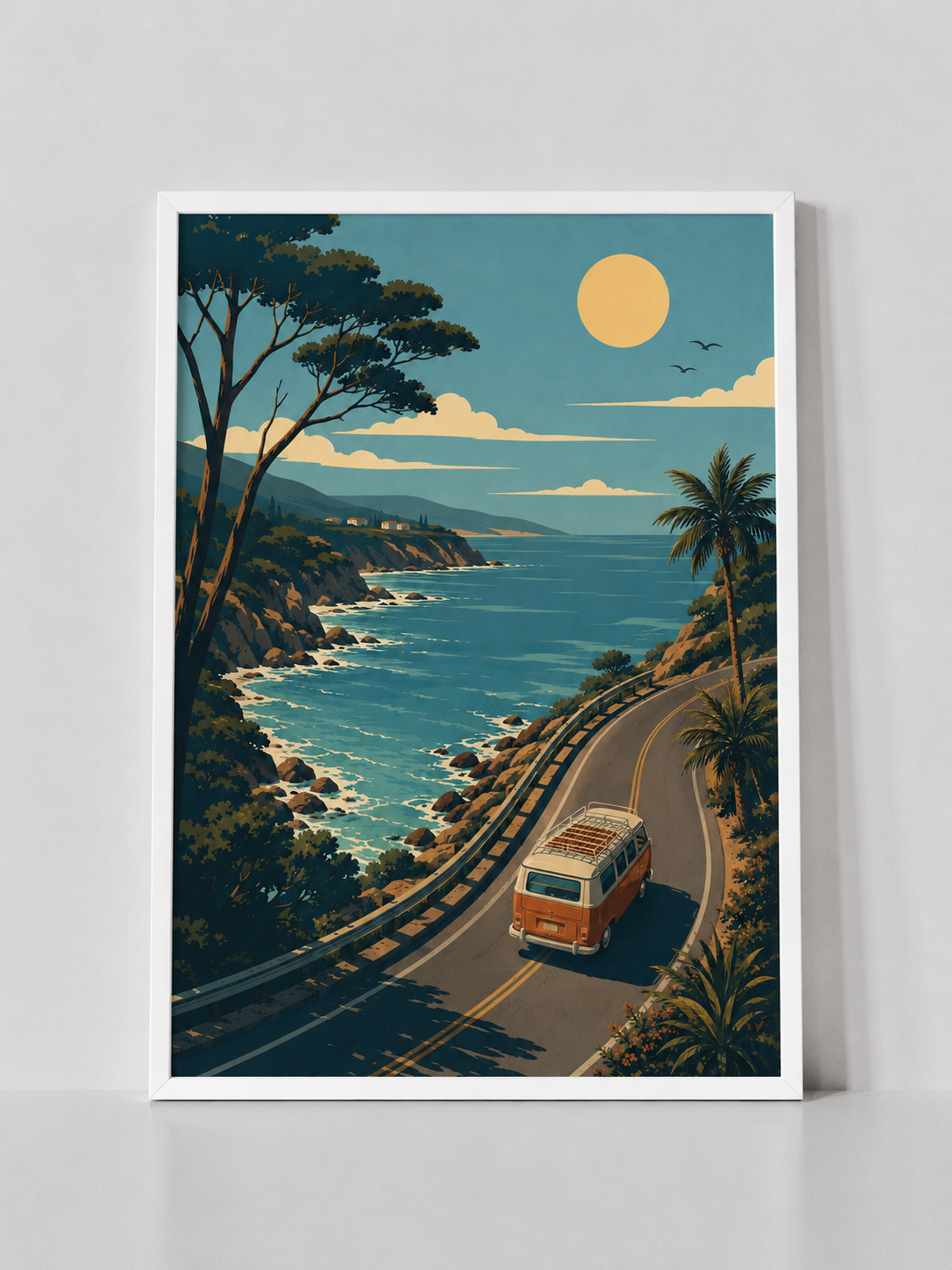 Minimal coastal landscape print bringing peaceful seaside scenery into modern and Scandinavian interiors.