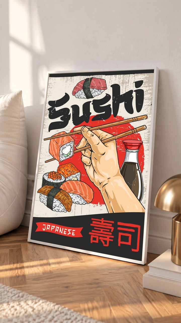 Sushi wall art framed in black with chopsticks, nigiri and sushi rolls, red Japanese characters