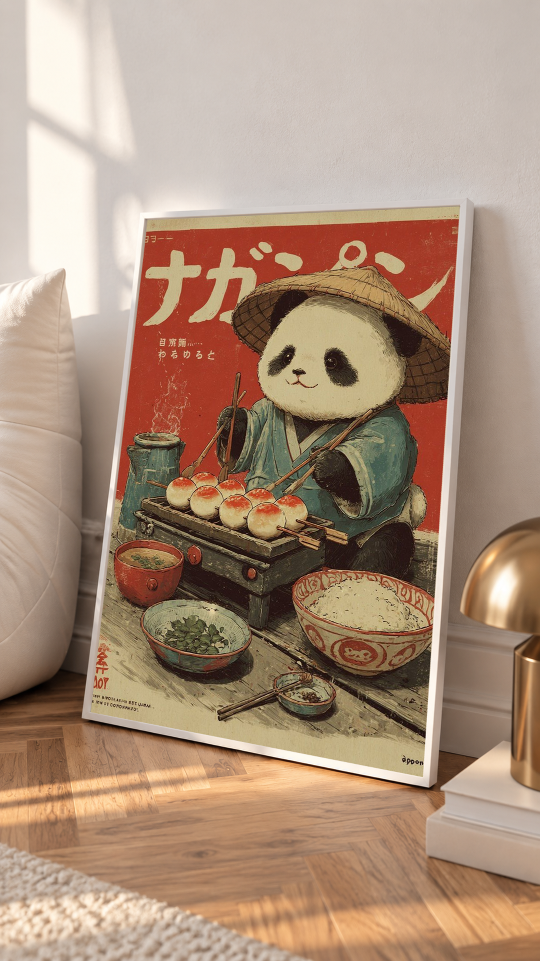 Panda art print poster on wooden shelf, panda chef in hat cooking dishes