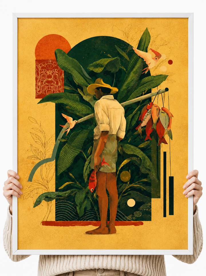 Framed tropical figure art print held by hands, person standing in lush green jungle