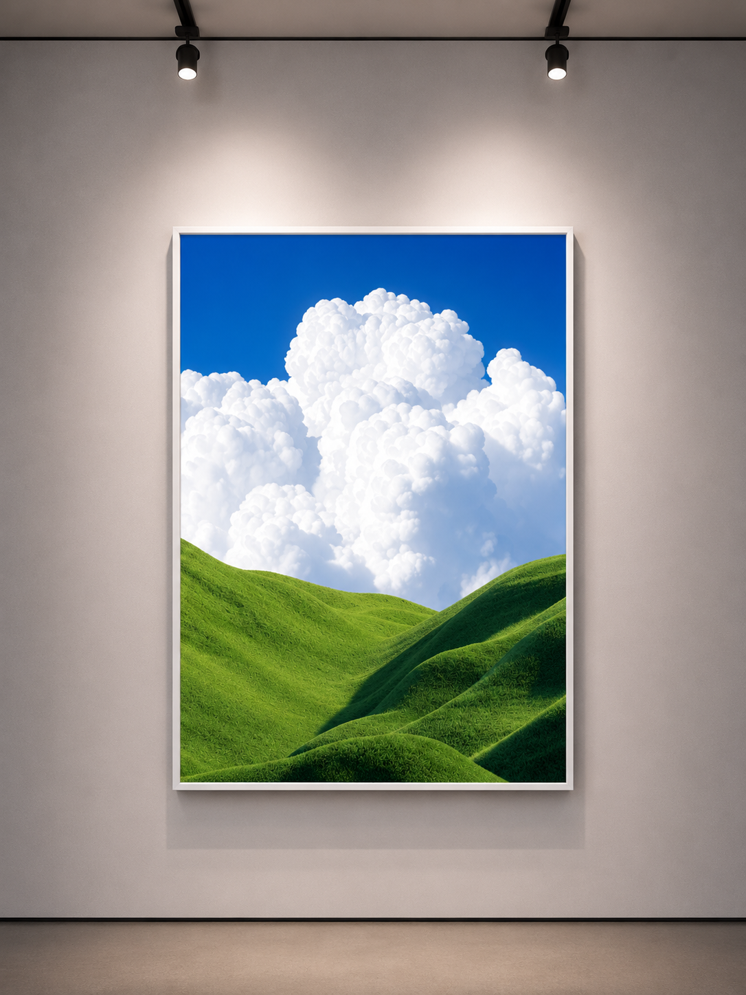 Framed stampa paesaggistica con cielo blu e soffici nuvole bianche sopra colline verdi