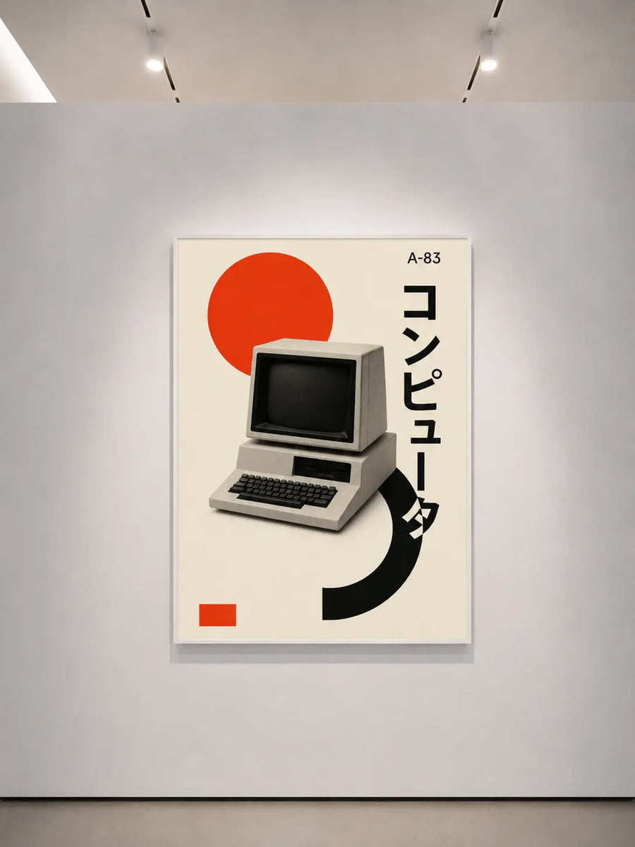 alt
Impresión retro enmarcada de computadora con círculo rojo y gráfico curvo negro sobre lienzo crema