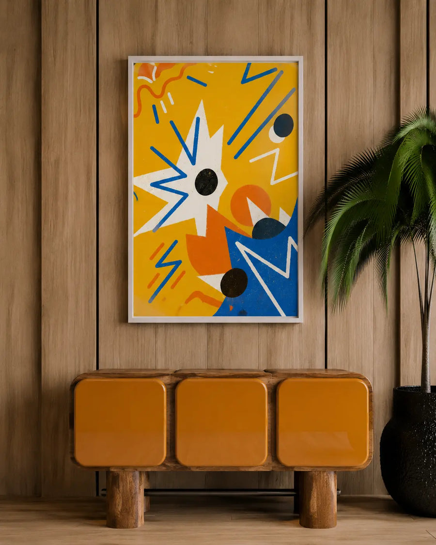 alt
Arte mural Memphis con estallido de estrellas amarillo, formas azules y naranjas, puntos negros y marco blanco