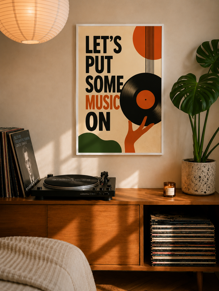 Framed music-themed paper poster with vinyl record graphic and "LET'S PUT SOME MUSIC ON"