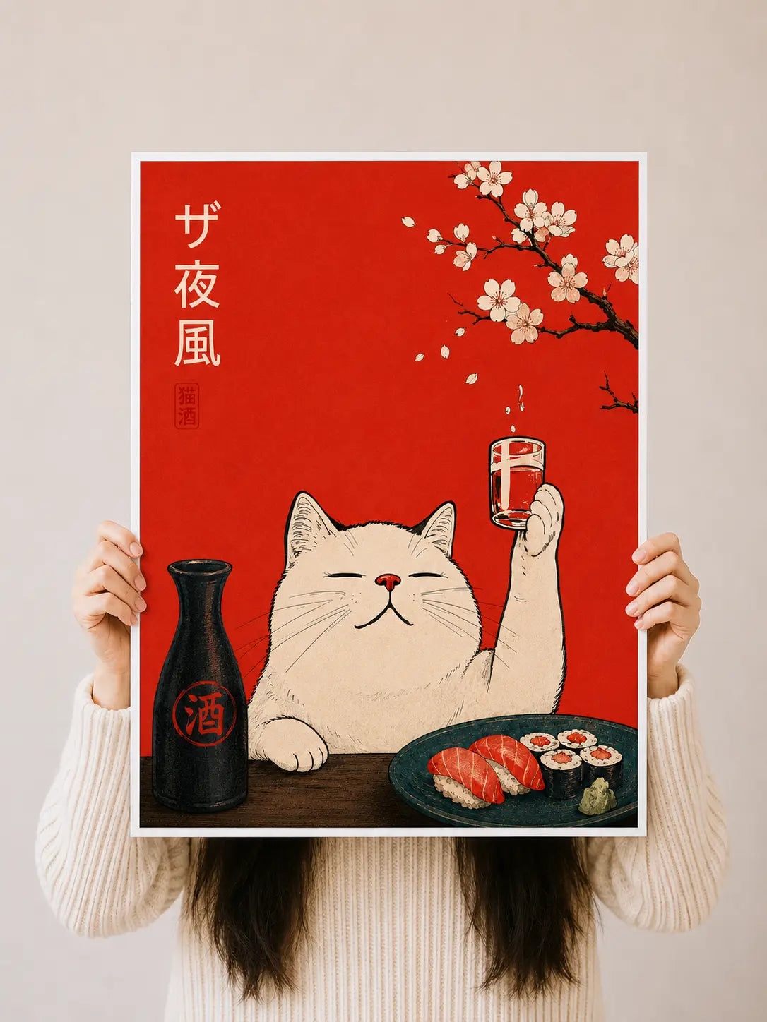 Cat art print held up, red artwork with white cat raising glass, sake bottle and sushi