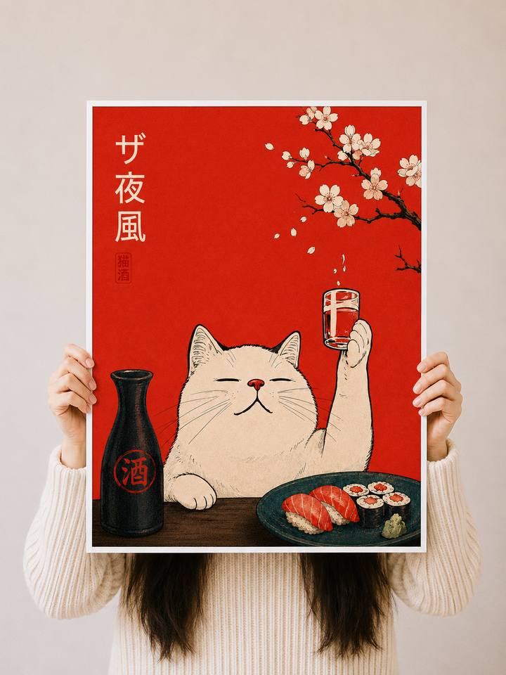 Japanese Cat Ramen Art Print featuring a playful white cat beside colorful Japanese food imagery