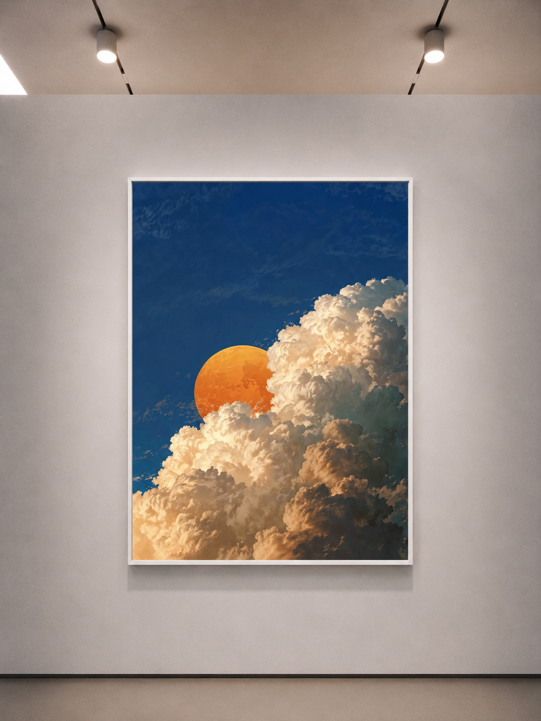 alt
Stampa d'arte da parete con cornice bianca, cielo blu, sole arancione luminoso e soffici nuvole