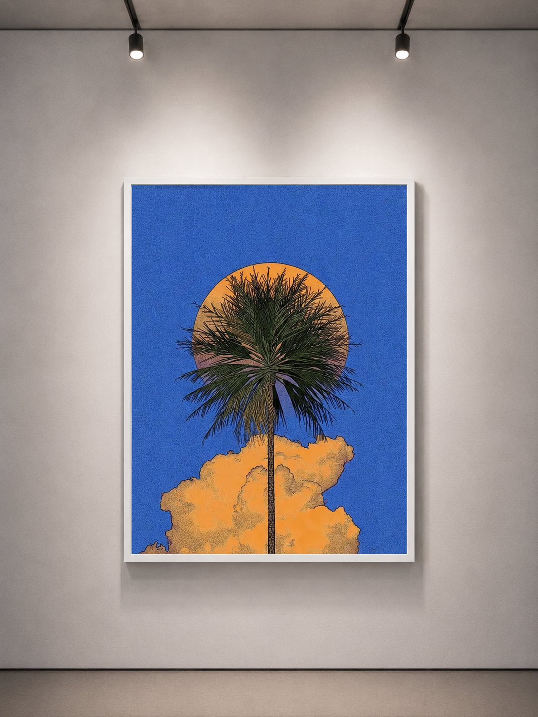 alt
Stampa artistica con palma, cielo blu e nuvole gialle, con cornice bianca