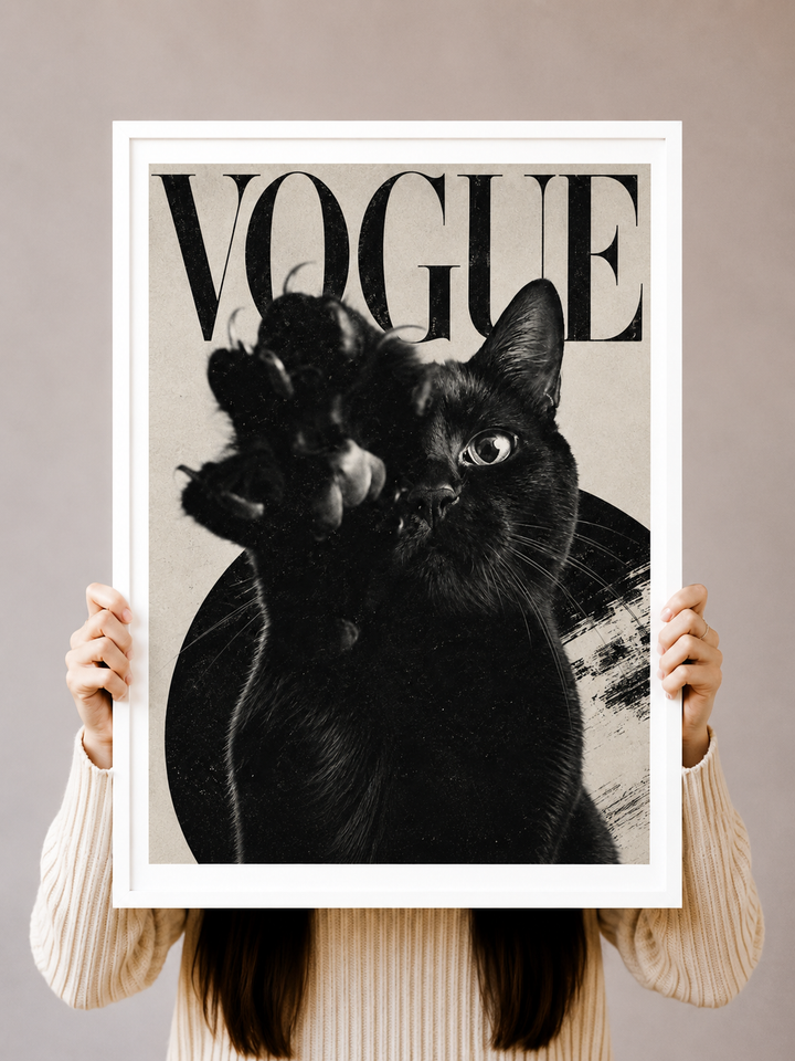 Black Cat Fashion Art Print displayed as bold black and white wall art in a warm modern interior
