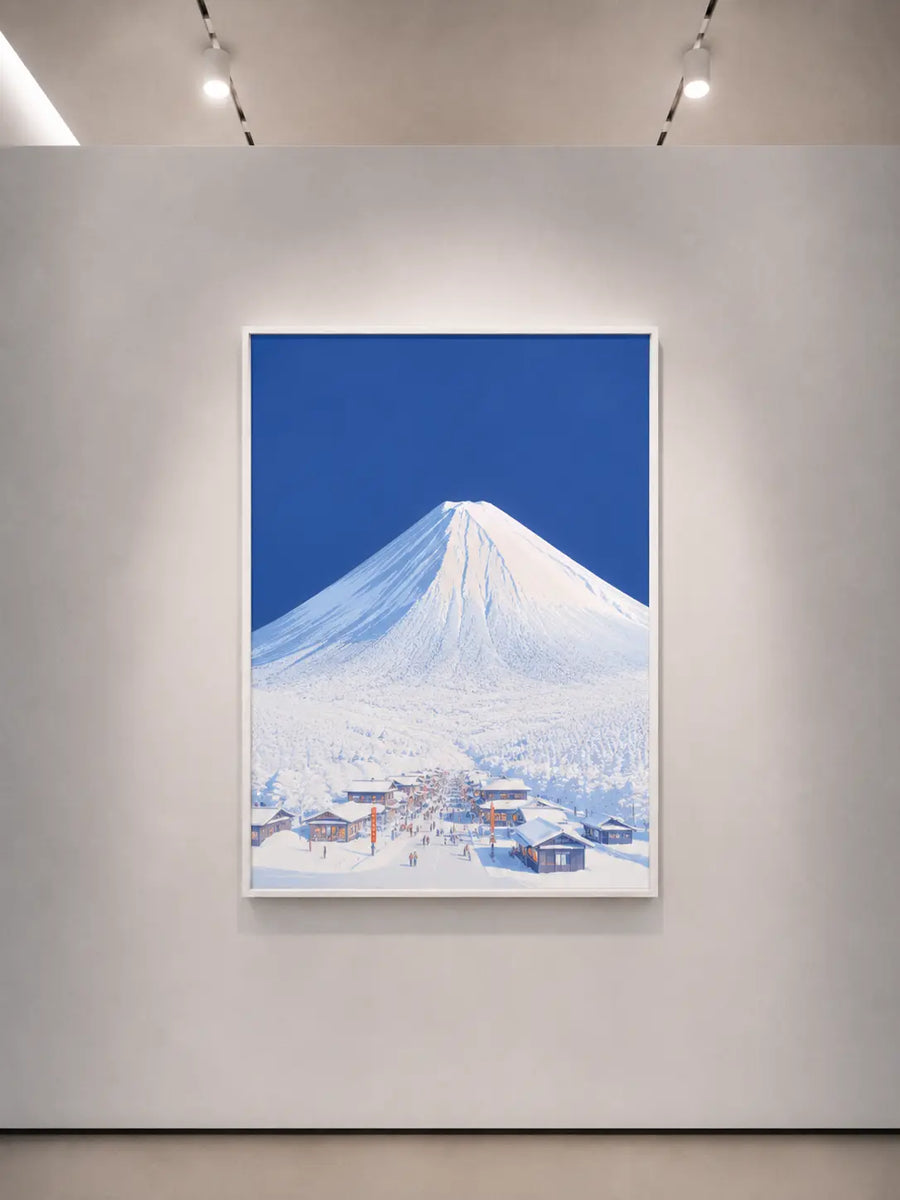 Impresión vertical enmarcada con el monte Fuji nevado y casas invernales sobre fondo azul