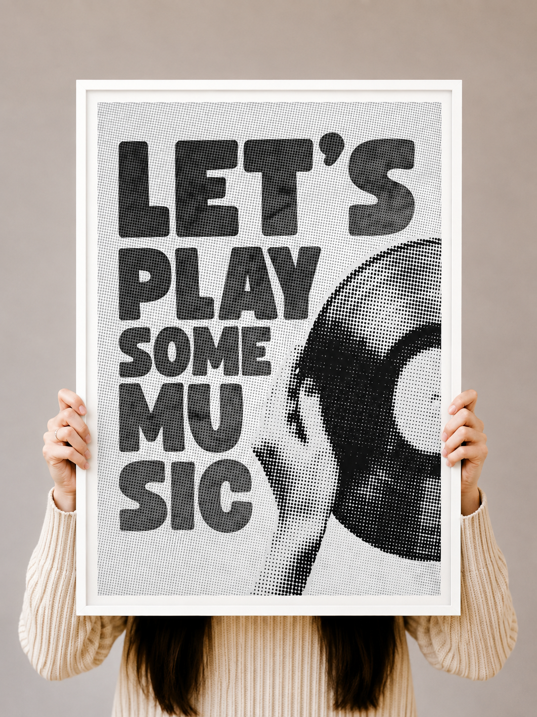 Music Typography Art Print featuring oversized lettering with a retro vinyl record graphic