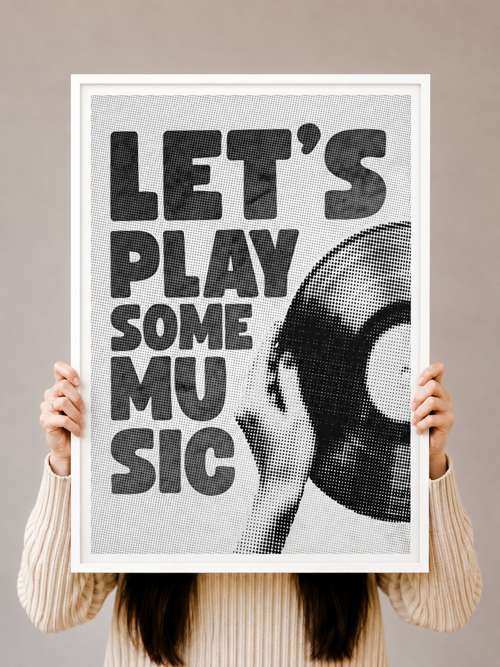 Music Typography Art Print featuring oversized lettering with a retro vinyl record graphic