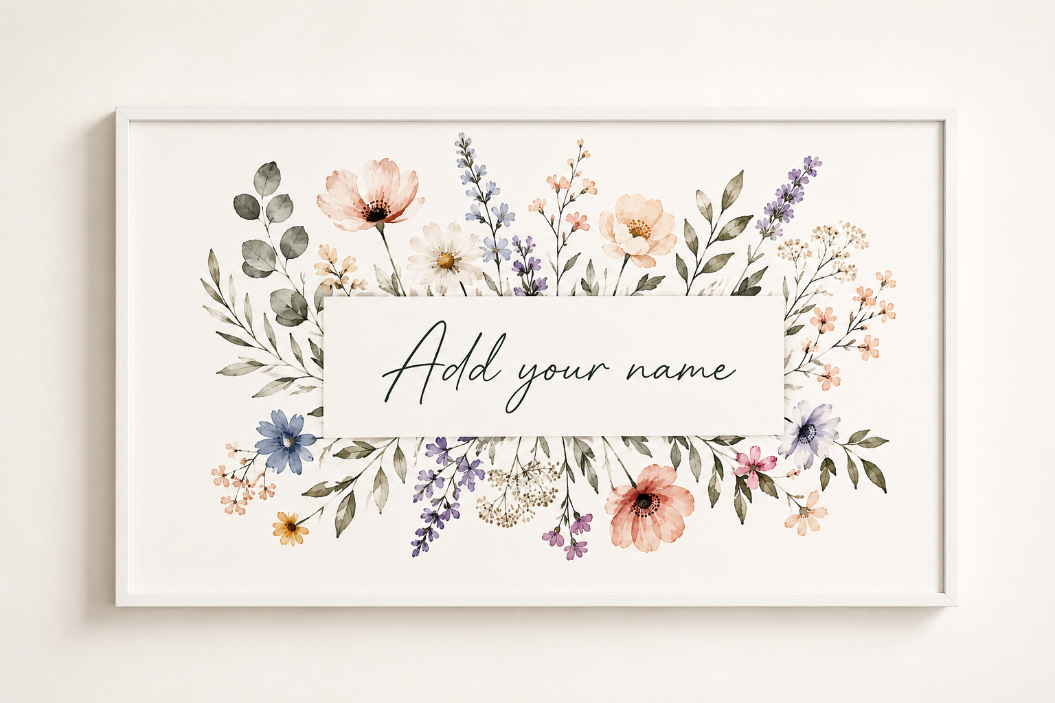 Personalized Name Art Print with custom name typography framed by colorful watercolor flowers and leaves