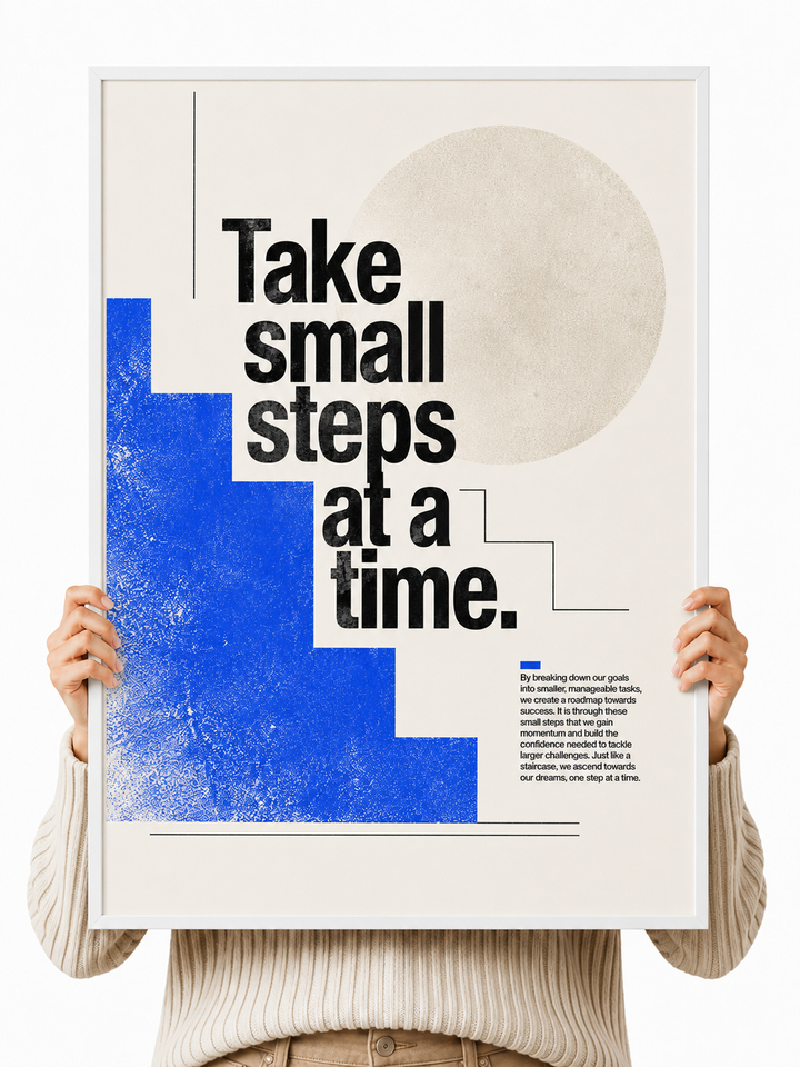 Framed typographic wall art held up by hands, blue gradient block with quote text.