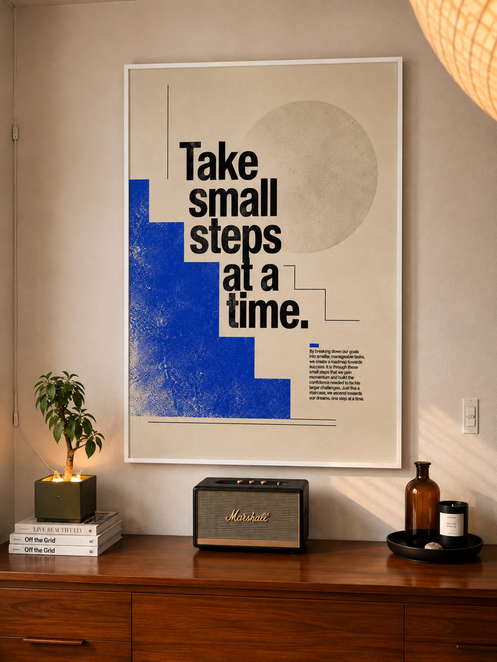 Framed typographic wall art with blue gradient block and beige circle, quote layout.