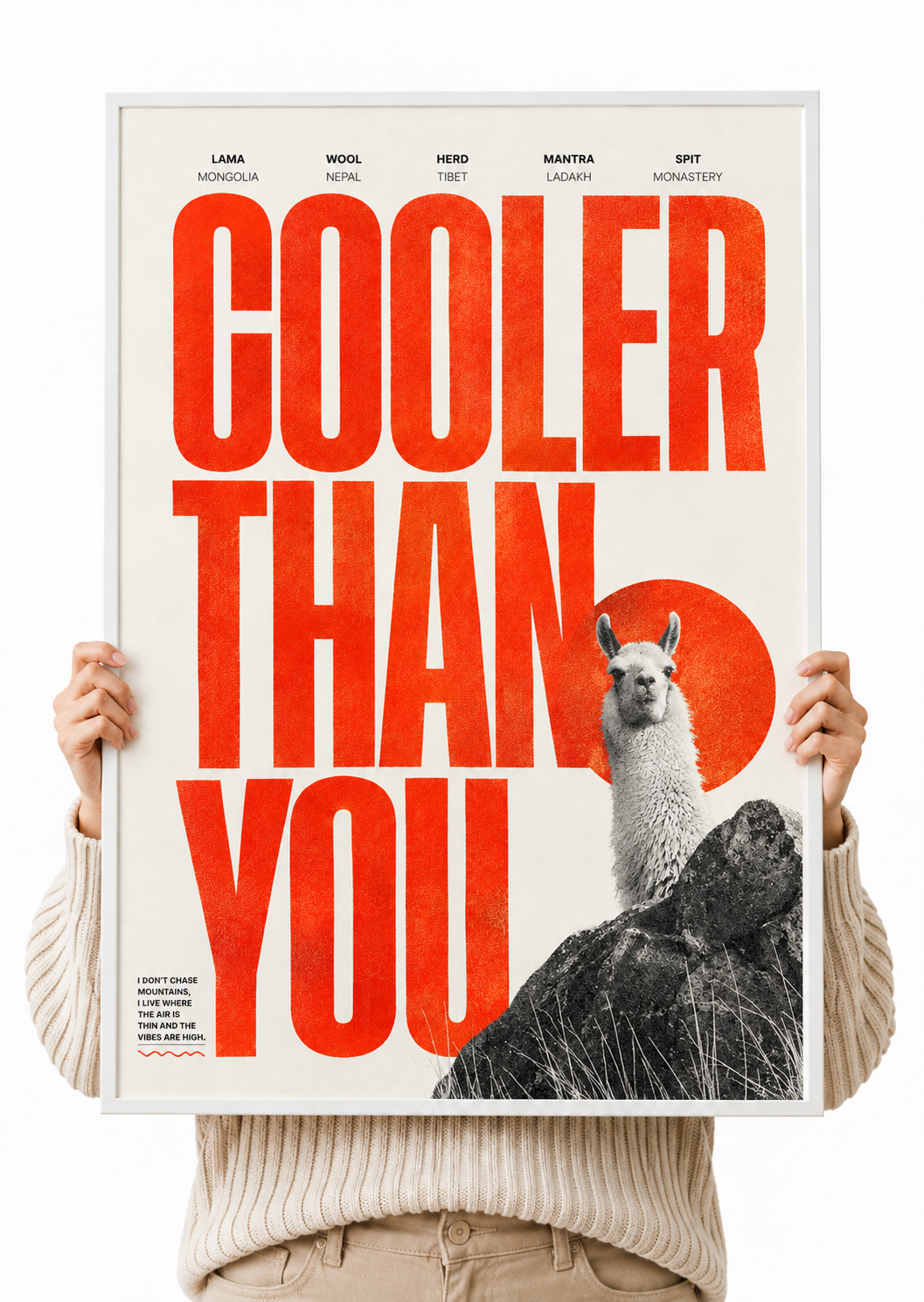 Unframed wall poster held up with red "COOLER THAN YOU" text and llama on rocks