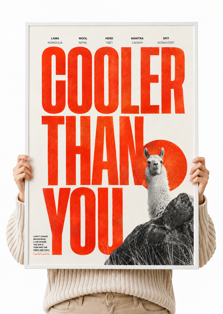 Unframed wall poster held up with red "COOLER THAN YOU" text and llama on rocks
