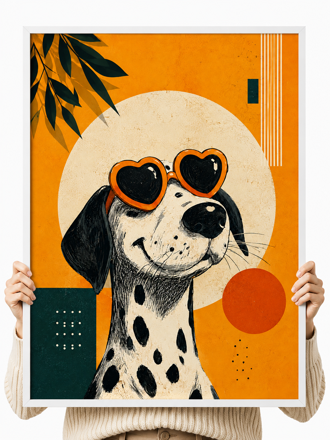 Dalmatian art print held up, orange abstract background with heart goggles