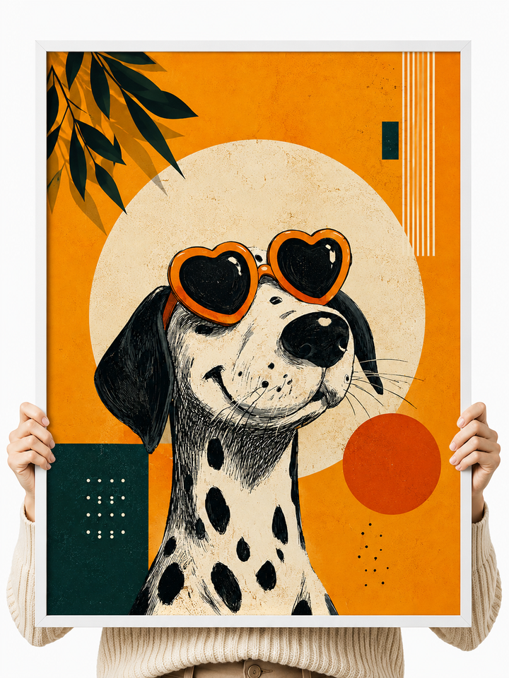 Dalmatian art print held up, orange abstract background with heart goggles