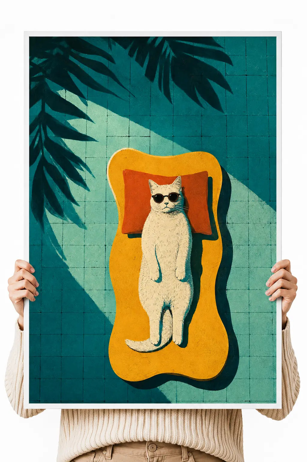 Unframed cat art print with teal background, orange abstract mat, and sunglasses cat