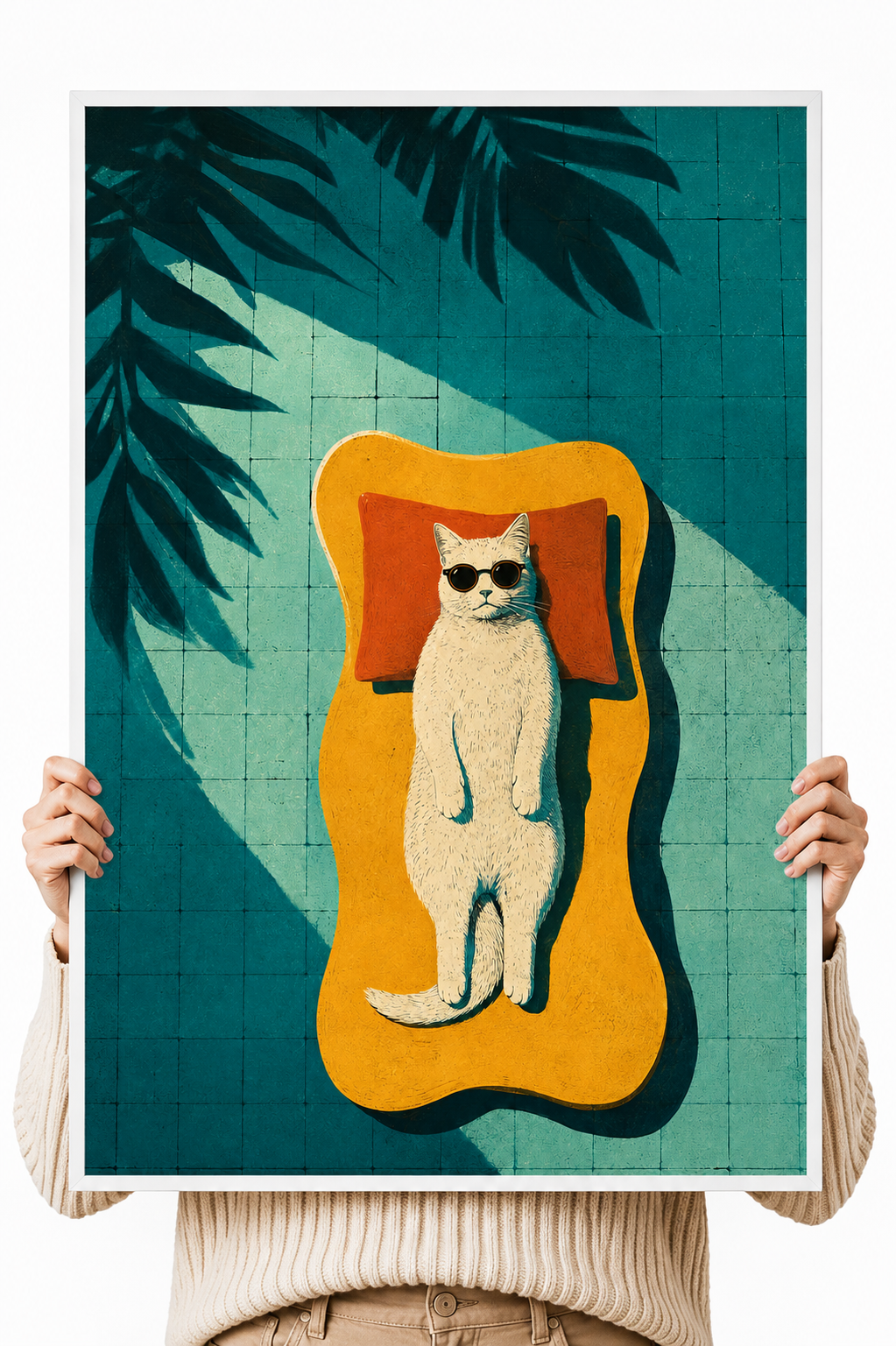 Unframed cat art print with teal background, orange abstract mat, and sunglasses cat