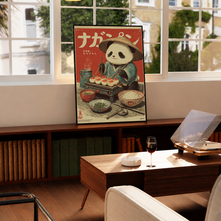 Japanese panda wall art displayed beside a dining table in a sunlit room.