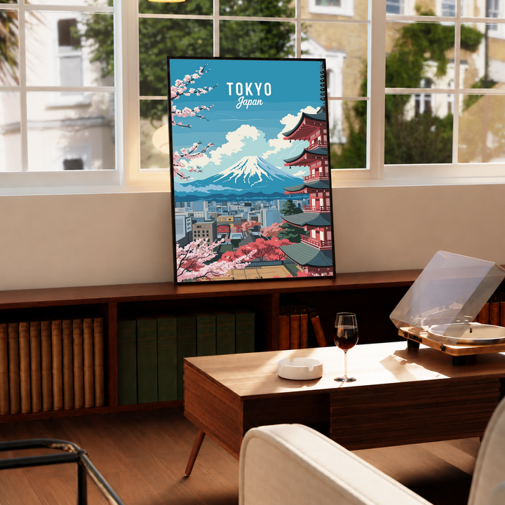 Japanese Cherry Blossoms Wall Art in a black frame beside a sunlit dining area, showing Mount Fuji, a red pagoda and pink blossoms beneath Tokyo lettering against a turquoise sky.