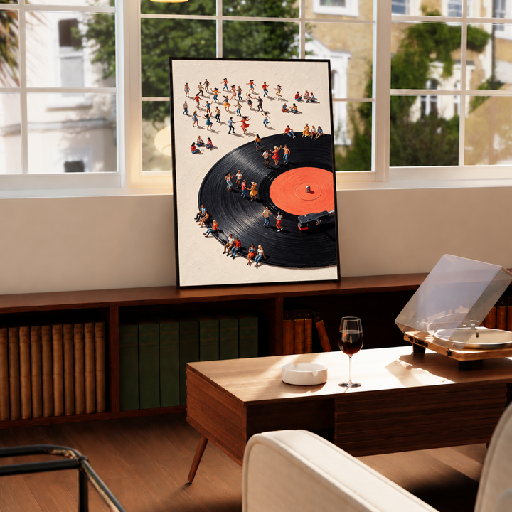 Vinyl Record People Art featuring miniature figures dancing and gathering around an oversized black record with a warm orange center.
