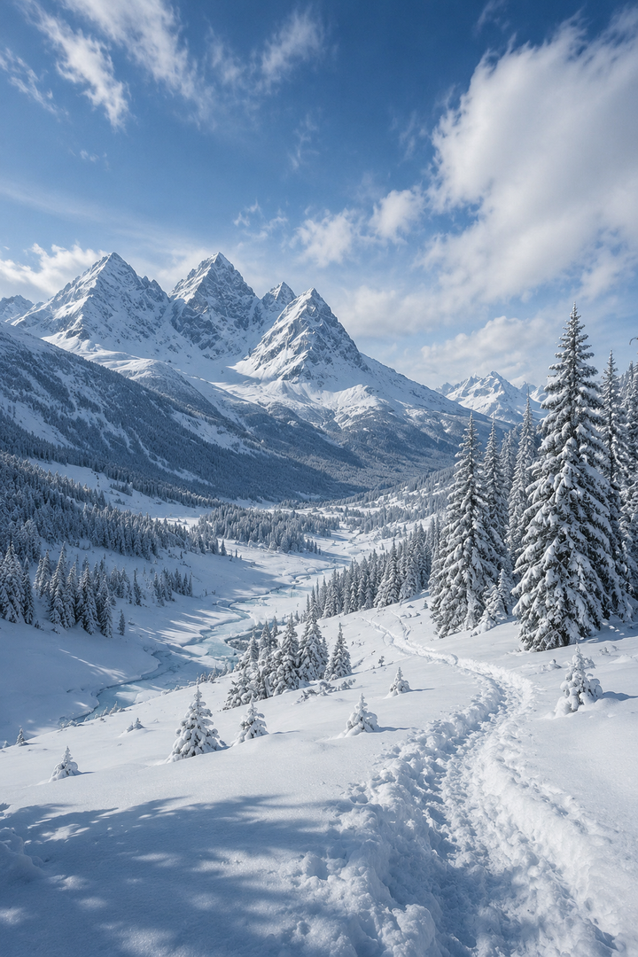 Snowy Alpine Valley Art Print featuring layered mountain ranges and a wide snow covered wilderness