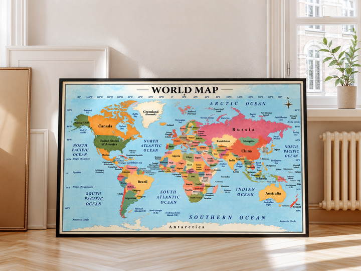 Colorful World Map Wall Art styled above a wooden cabinet as vibrant geographic decor for a modern living space