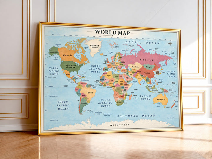 Colorful World Map Wall Art displayed in a bright elegant room with detailed countries, continents and soft blue ocean tones