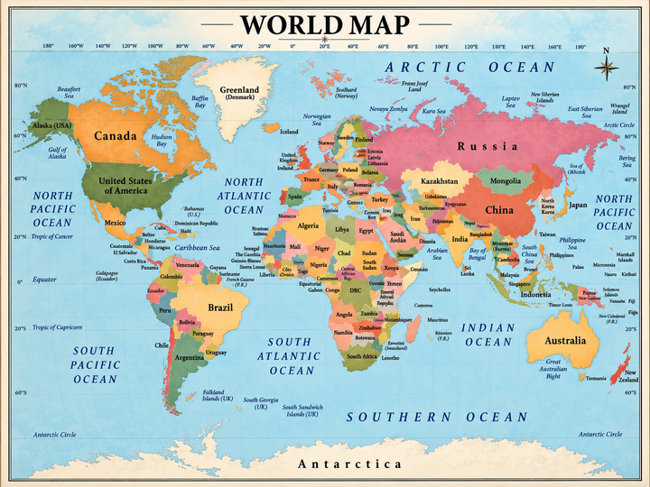 Colorful World Map Wall Art featuring a full world geography composition with clearly defined continents and contrasting country colors