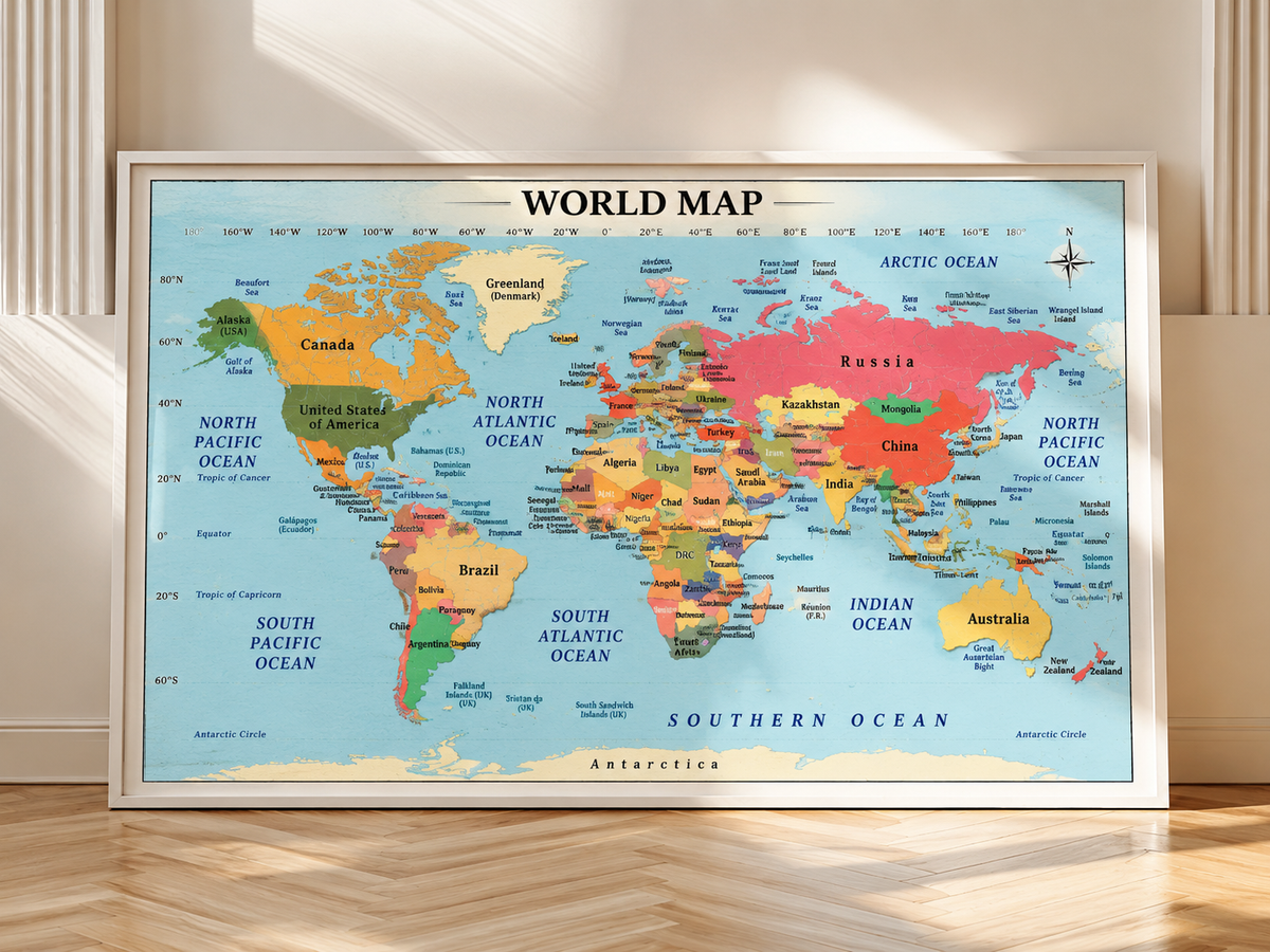 Colorful World Map Wall Art shown in a warm sunlit interior with multicolored countries and classic cartographic details