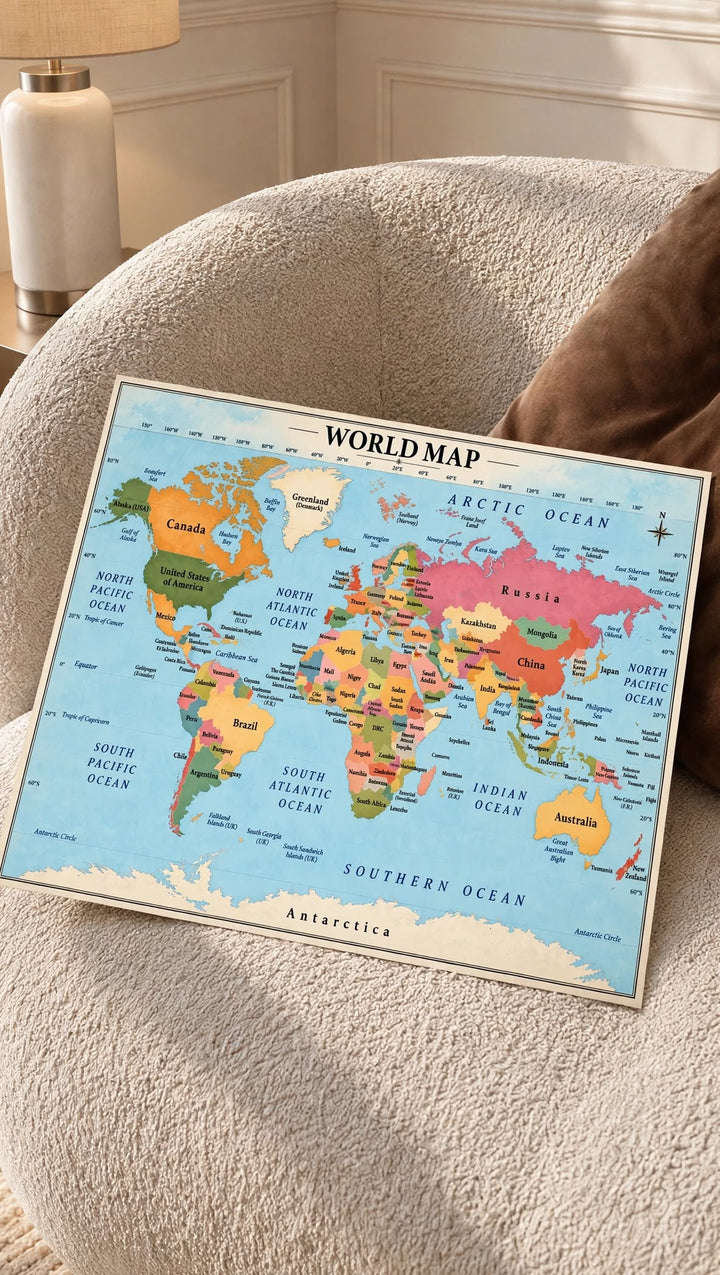 Colorful World Map Wall Art resting on a soft neutral chair with vivid continents and a light blue geographic background