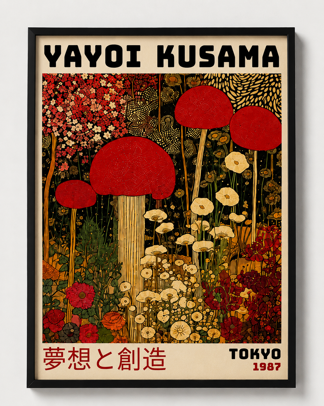 Yayoi Kusama Botanical Print inspired by Japanese contemporary art with intricate floral patterns and vivid natural colors.