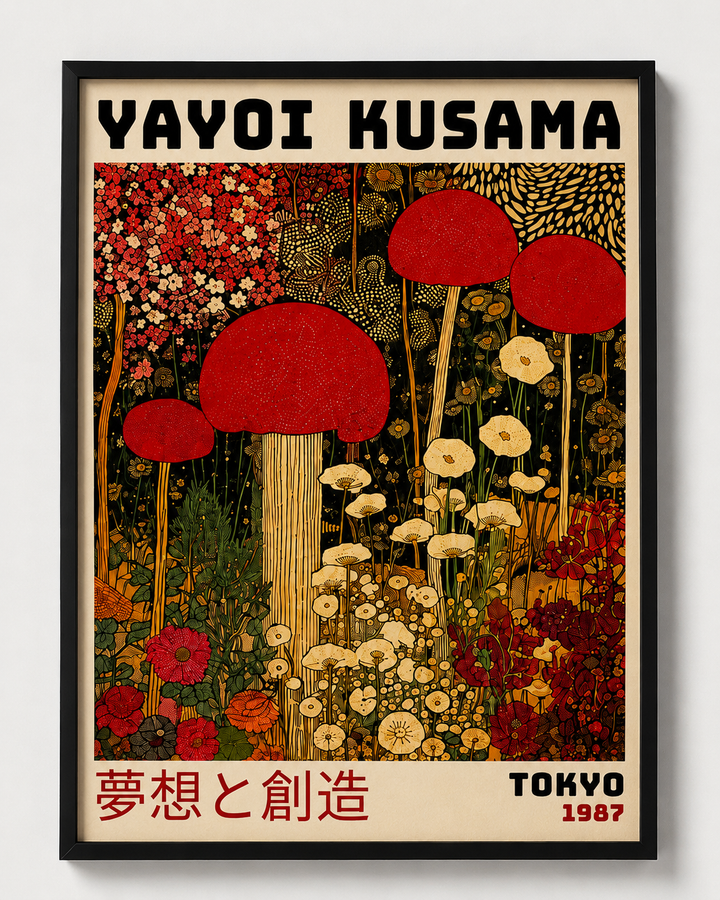 Yayoi Kusama Botanical Print inspired by Japanese contemporary art with intricate floral patterns and vivid natural colors.