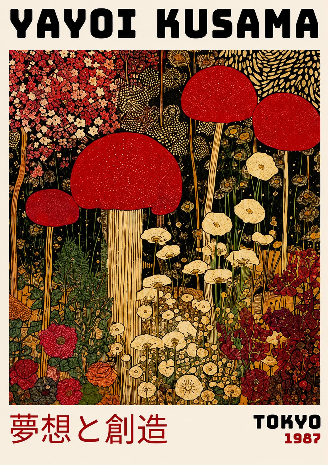 Yayoi Kusama Botanical Print featuring striking botanical motifs, contemporary Japanese aesthetics, and museum quality wall decor.