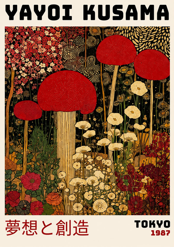 Yayoi Kusama Botanical Print featuring striking botanical motifs, contemporary Japanese aesthetics, and museum quality wall decor.