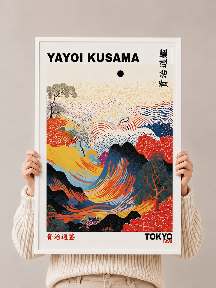 Wave art print poster with Yayoi Kusama text, red and blue wave landscape, held up
