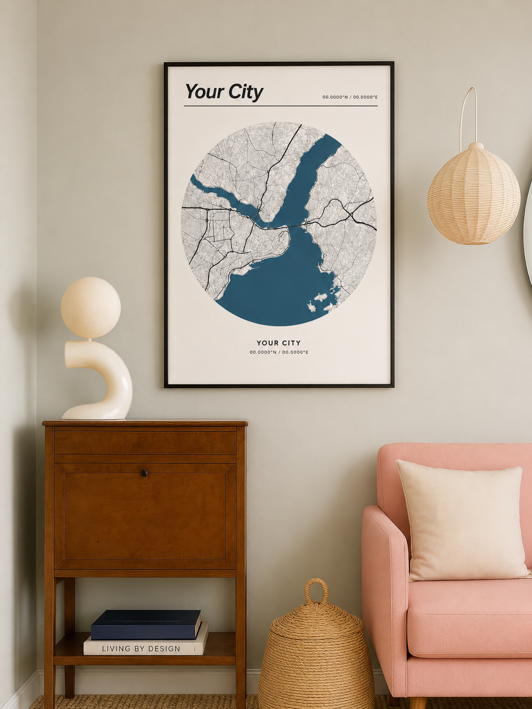 Personalized City Map Wall Art displayed as a minimal custom print in a warm and modern living space.