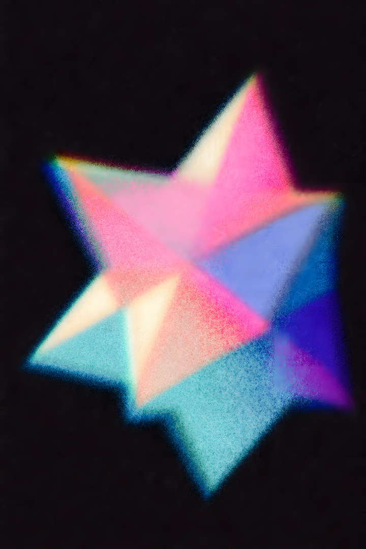 Overlapping pink cyan blue and purple geometric star shapes with grain and soft glow on black