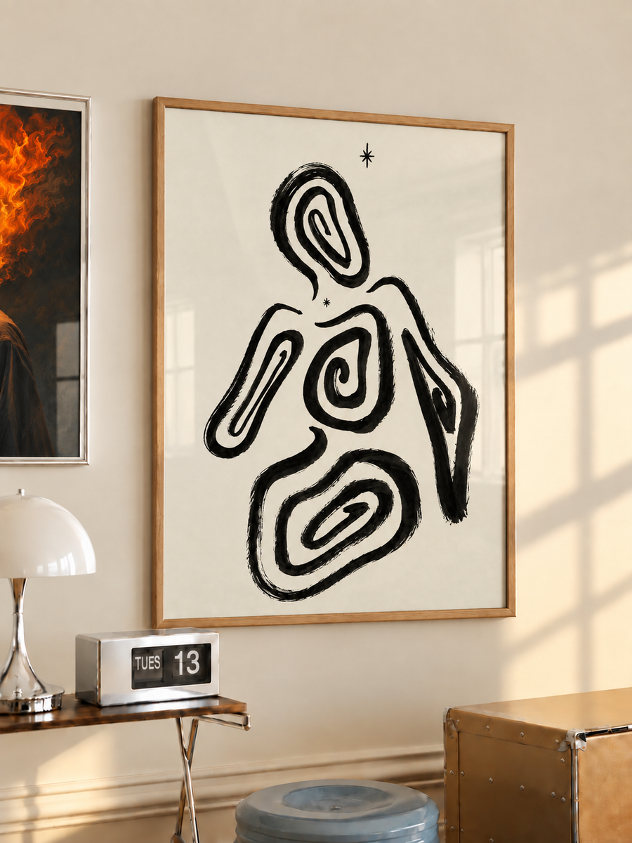 Abstract Human Figure Black Ink Wall Art Poster styled interior mockup