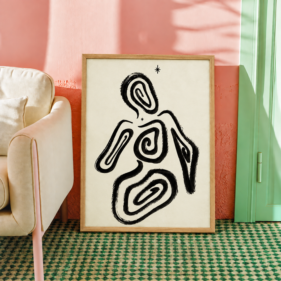 Abstract Human Figure Black Ink Wall Art Poster framed home decor mockup