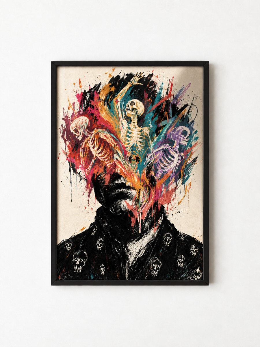 Framed abstract skeleton expressionist wall art poster with black skull motifs