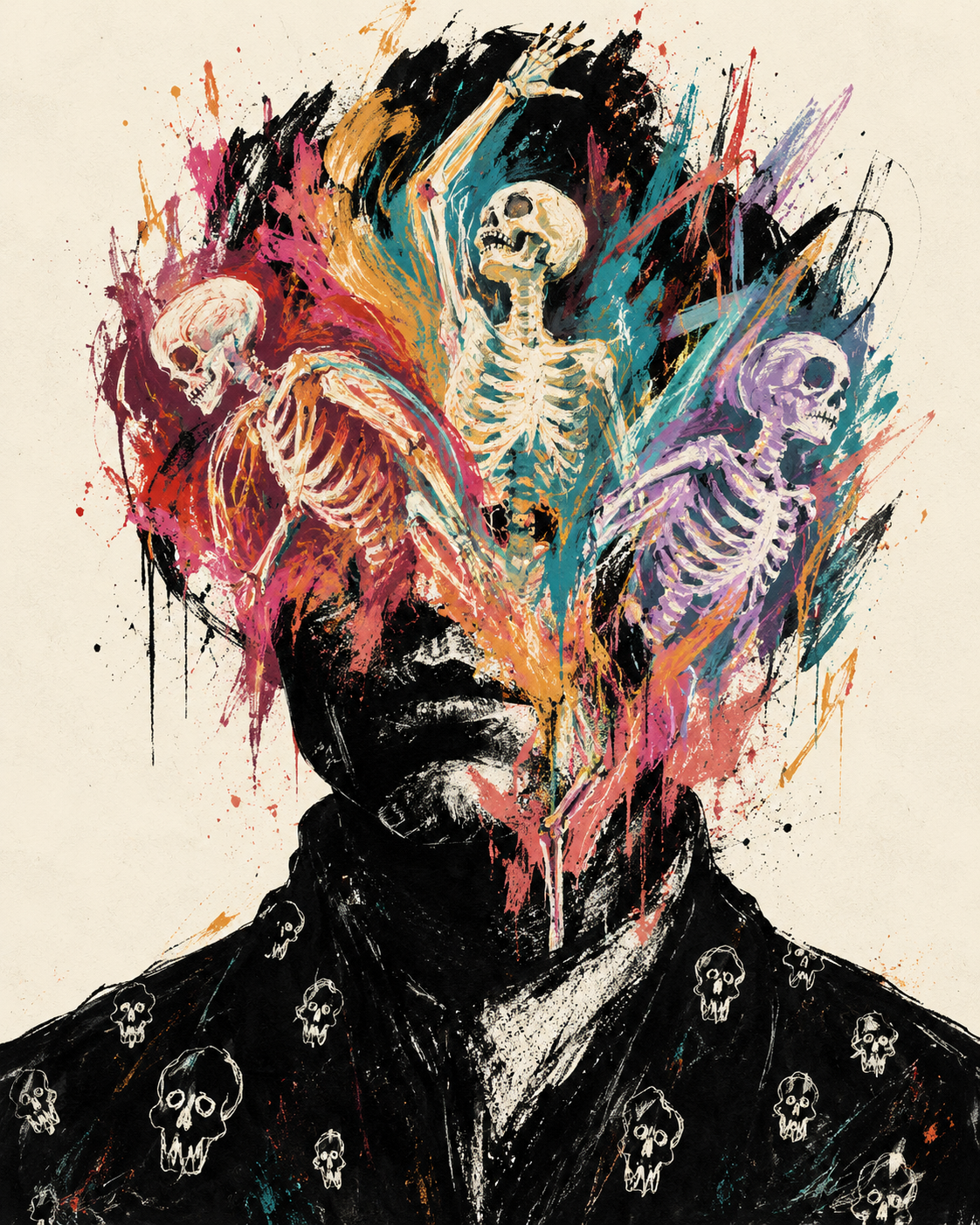 Abstract skeleton expressionist wall art poster with colorful splatter and skull figures