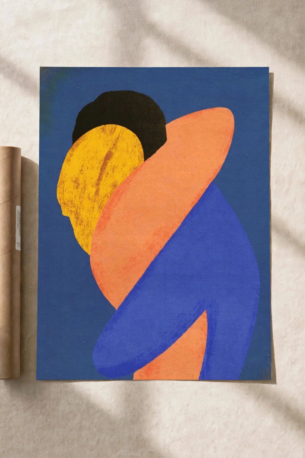 Abstract art poster with blue background and orange, yellow, and black curved shapes